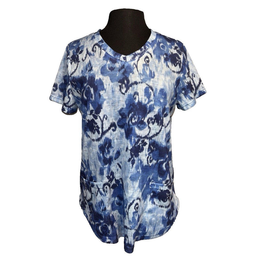 NWT Floral Print Tunic Top by Shana Apparel Size Medium Blue Short Sleeve Pocket